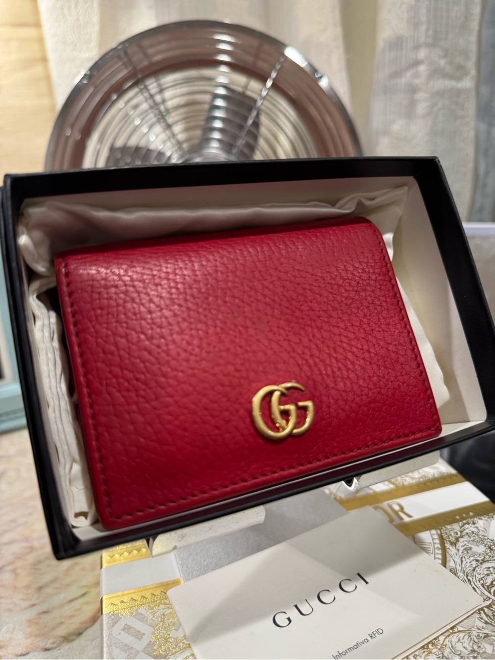 Gucci Vibrant Red Pebbled Leather Card Case with Gold Double G